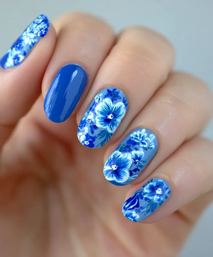 Blue Floral Nails