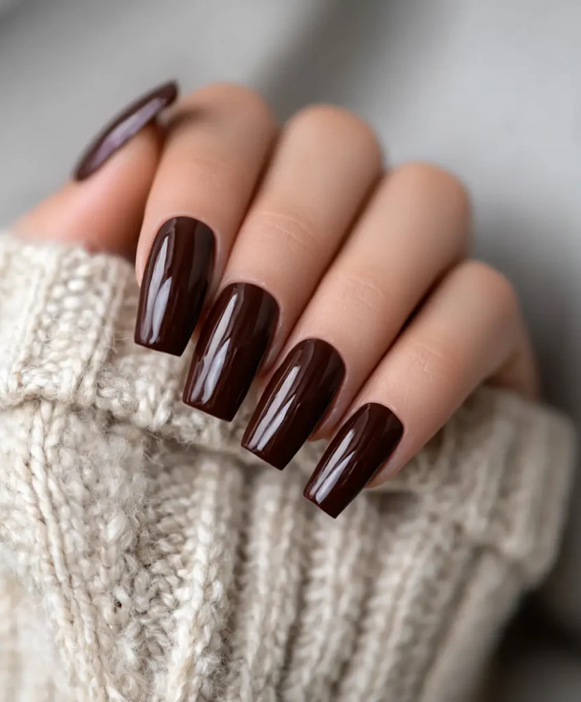 Glossy Brown Coffin Nails