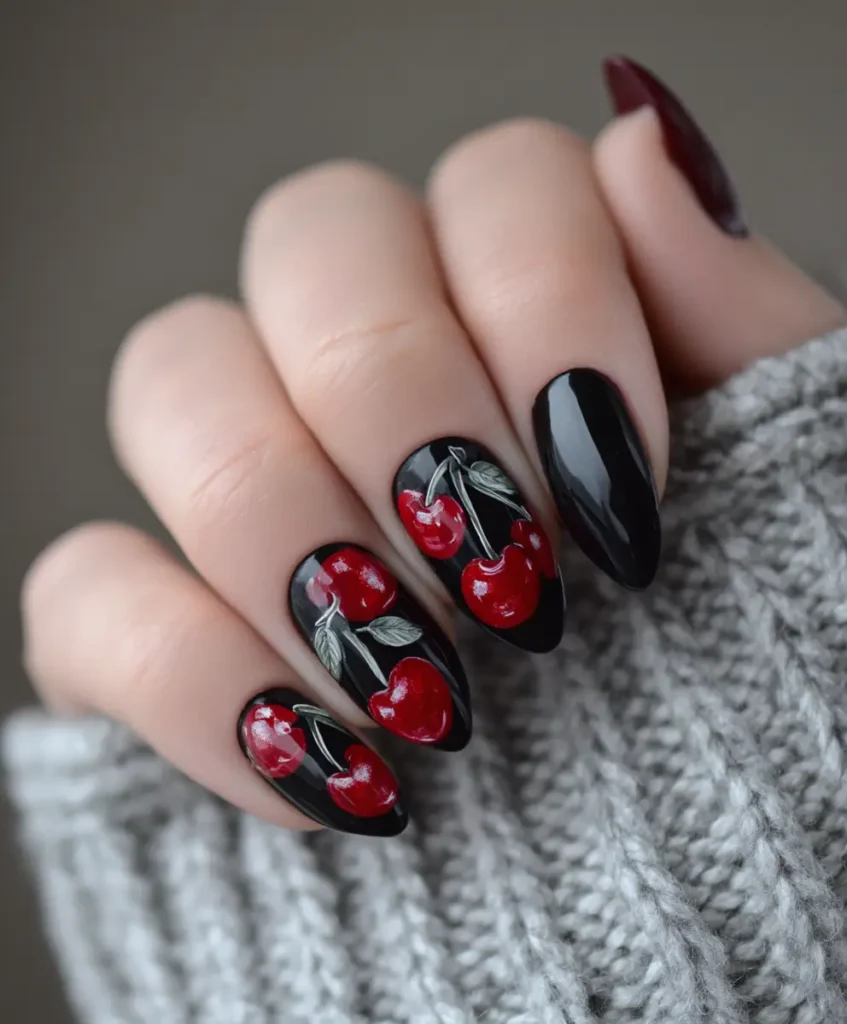 Black and Red Cherry Nails for Bold Aesthetic