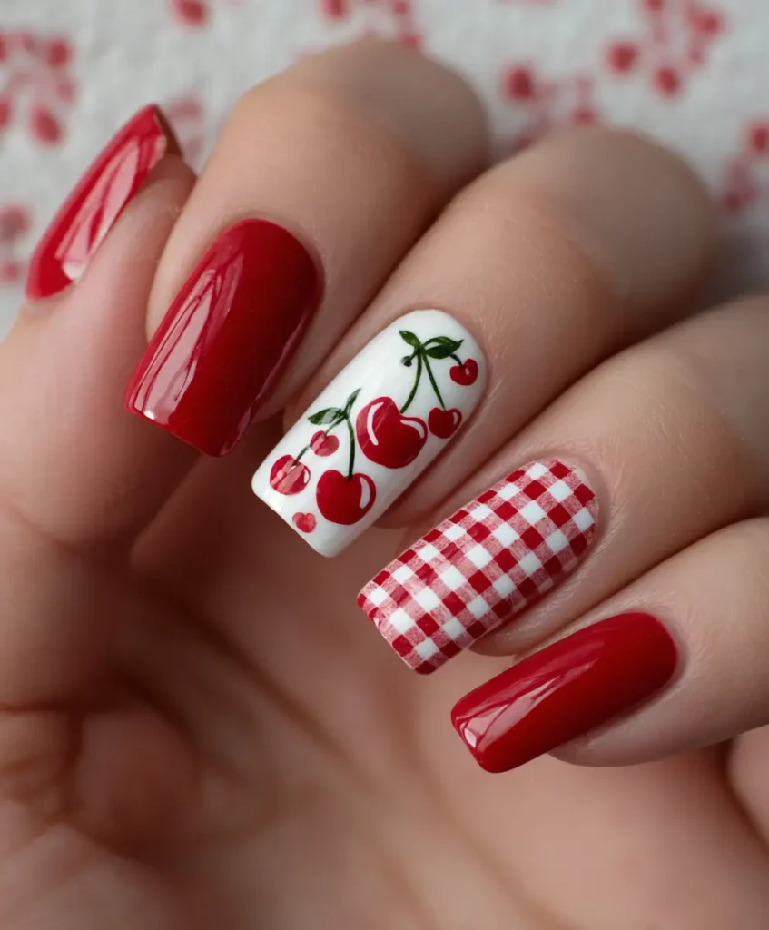 Cherry Nails with Checkerboard Patterns