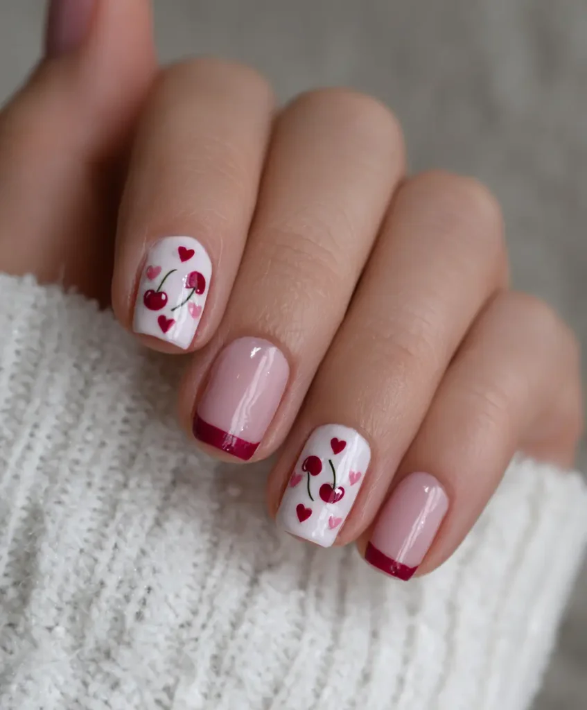 Cherry Nails with French Hearts