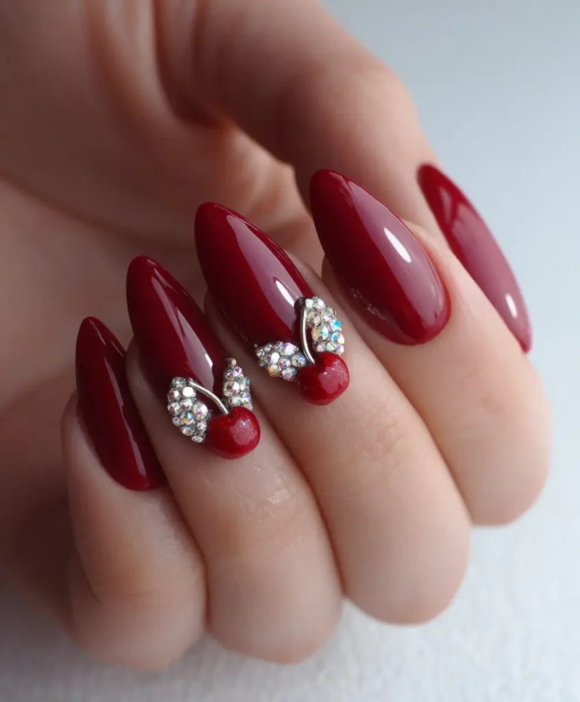 Cherry Nails with Rhinestone Accents