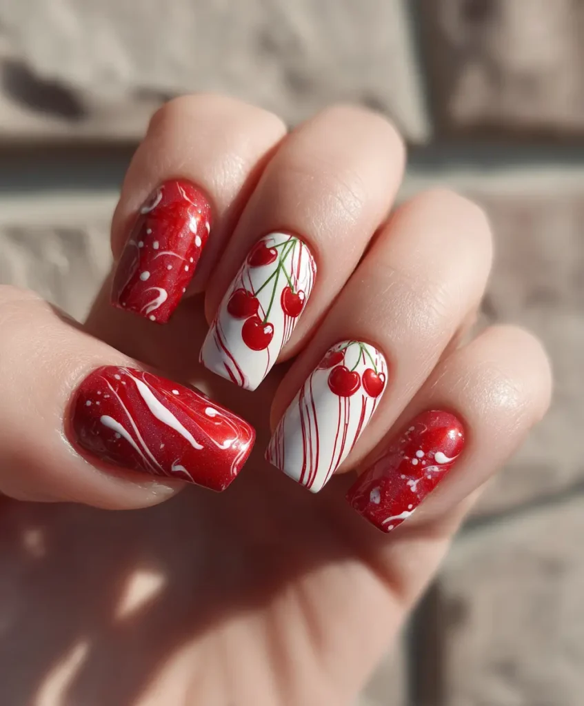 Cherry Nails with White Swirls