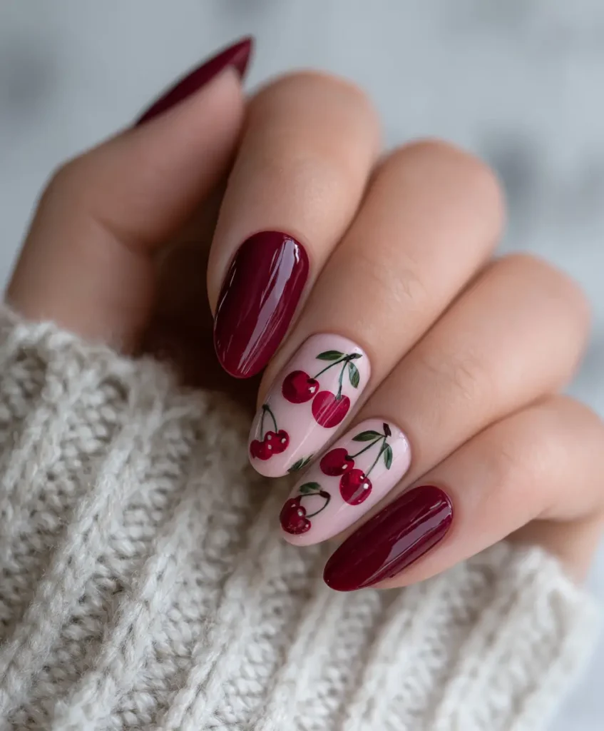 Classic Red Cherry Accents on Nails