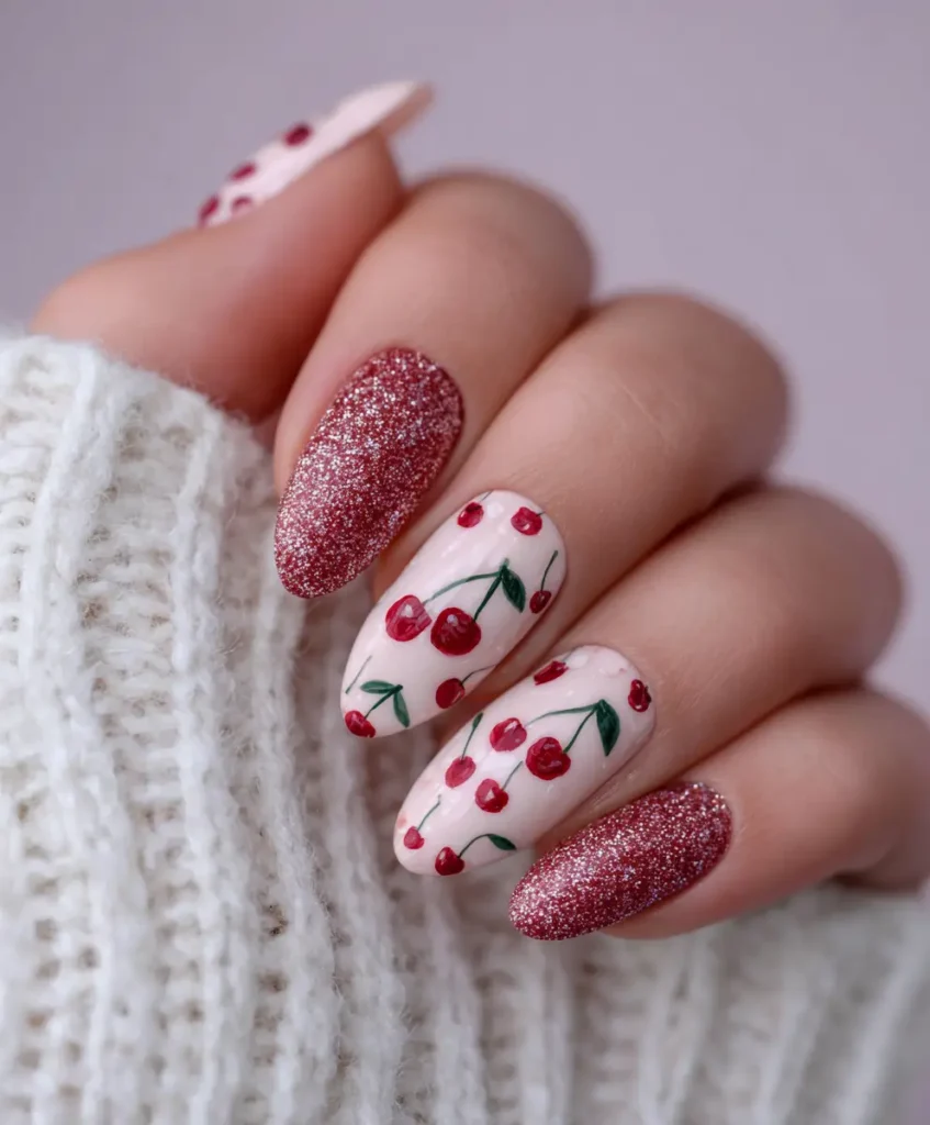 Glitter Cherry Nails for Festive Glam