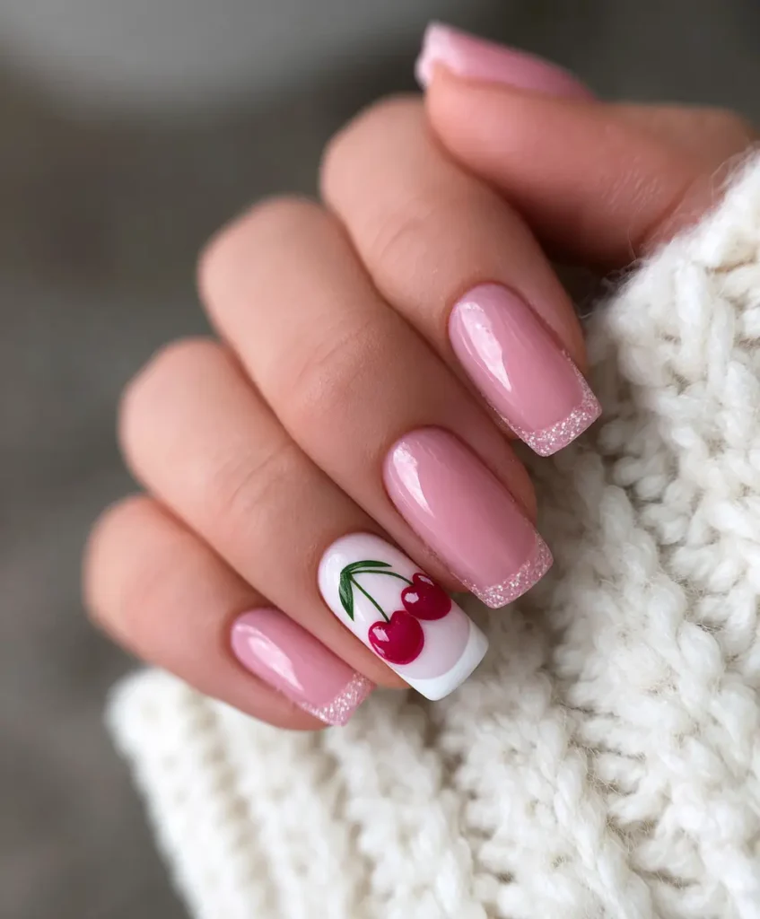 Glossy French Tips with Cherry Art